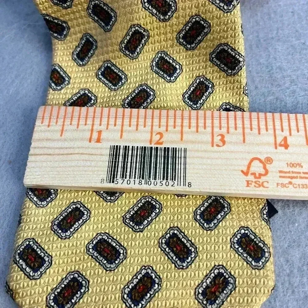 John Ashford Vintage 100% Silk Tie Geometric Golden Yellow with red accents